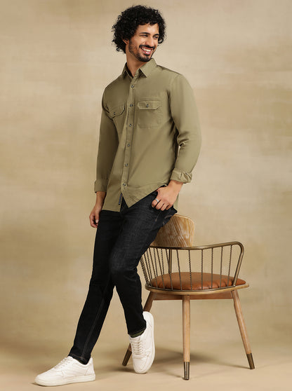 Olive Green Solid Slim Fit Casual Shirt | JadeBlue