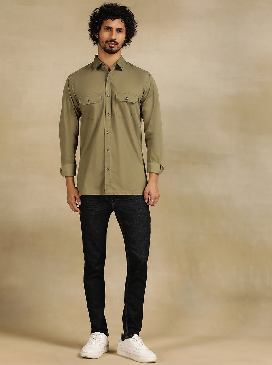 Olive Green Solid Slim Fit Casual Shirt | JadeBlue