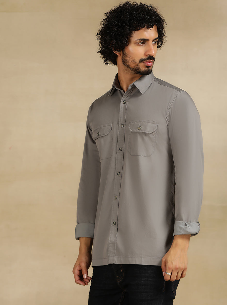 Light Grey Solid Slim Fit Casual Shirt | JadeBlue