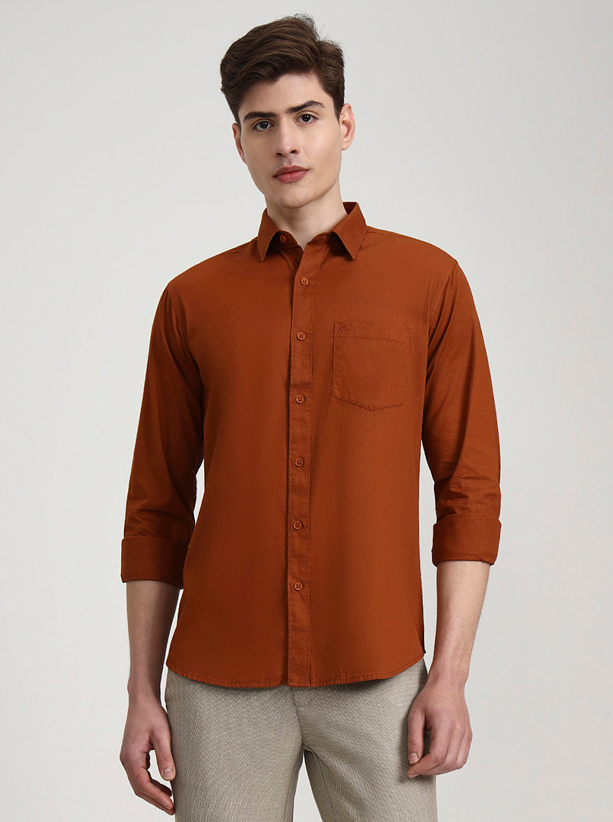 Orange Solid Slim Fit Casual Shirt | Greenfibre