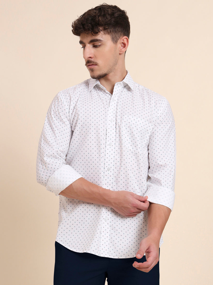 White Printed Tailored Fit Semi Casual Shirt | JadeBlue