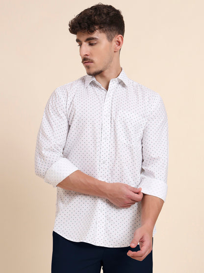 White Printed Tailored Fit Semi Casual Shirt | JadeBlue
