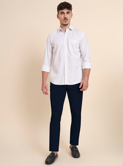 White Printed Tailored Fit Semi Casual Shirt | JadeBlue