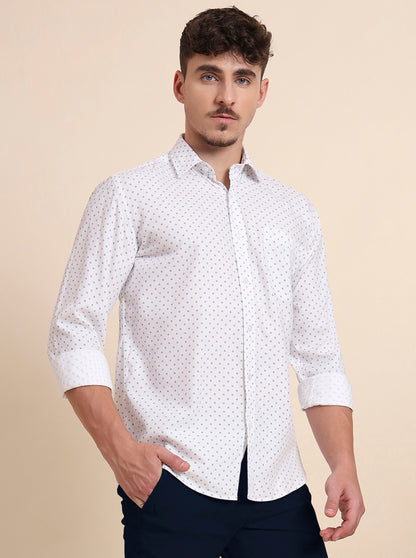 White Printed Tailored Fit Semi Casual Shirt | JadeBlue