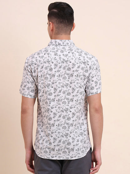 White Printed Slim Fit Casual Shirt | Greenfibre