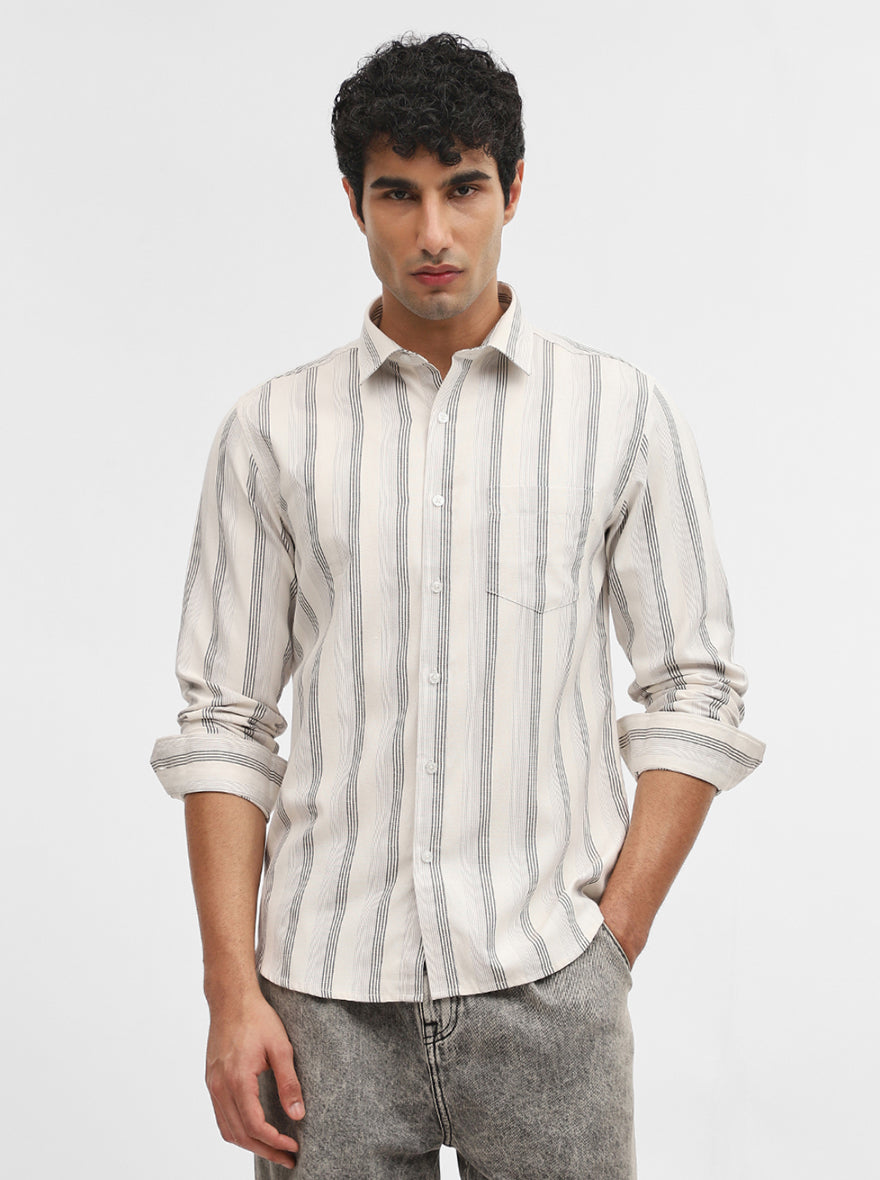 White & Black Striped Slim Fit Casual Shirt | Greenfibre