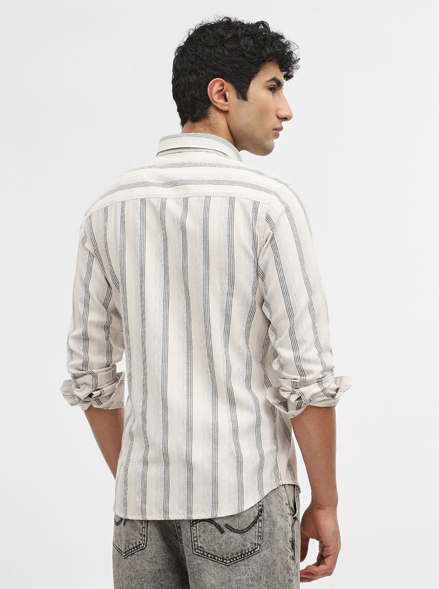 White & Black Striped Slim Fit Casual Shirt | Greenfibre