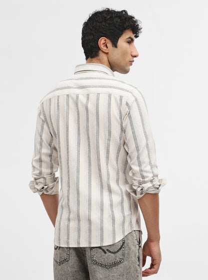 White & Black Striped Slim Fit Casual Shirt | Greenfibre