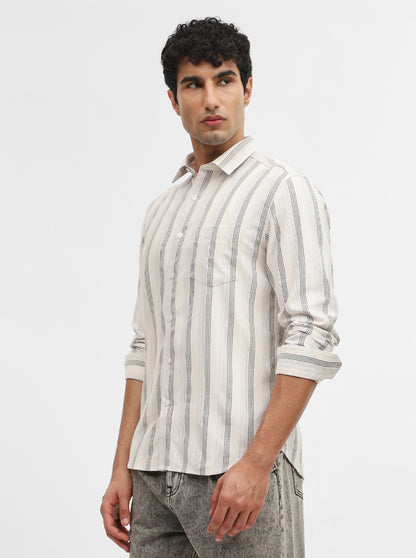 White & Black Striped Slim Fit Casual Shirt | Greenfibre
