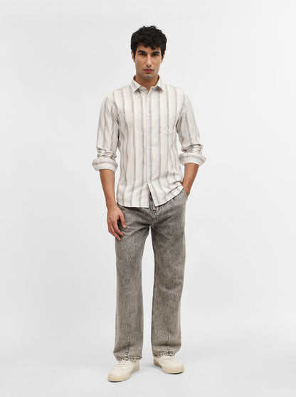 White & Black Striped Slim Fit Casual Shirt | Greenfibre