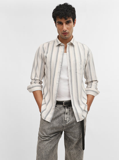 White & Black Striped Slim Fit Casual Shirt | Greenfibre