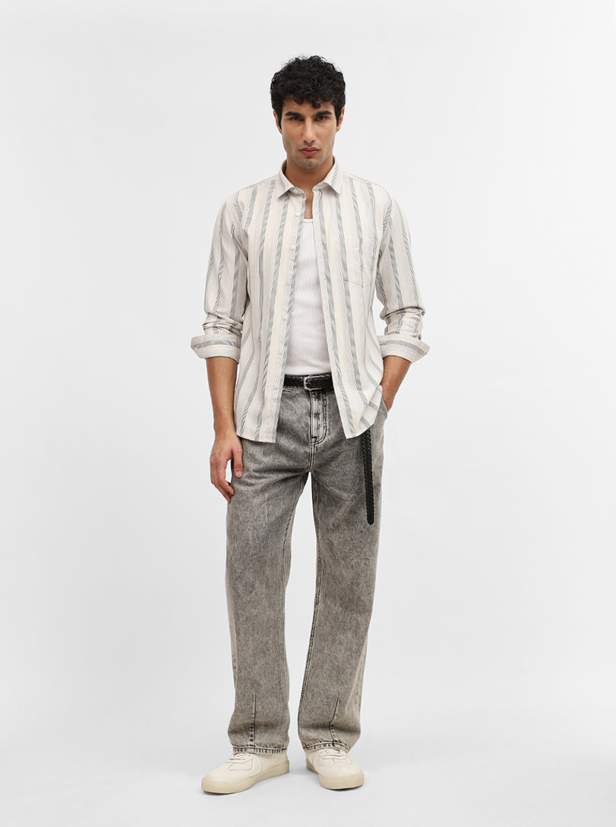 White & Black Striped Slim Fit Casual Shirt | Greenfibre