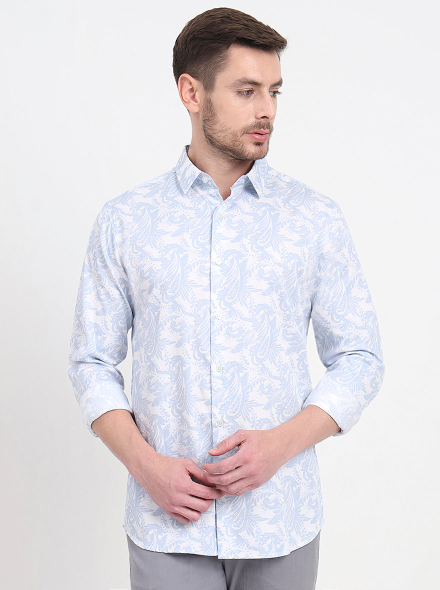 White & Blue Printed Slim Fit Casual Shirt | JadeBlue
