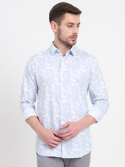 White & Blue Printed Slim Fit Casual Shirt | JadeBlue