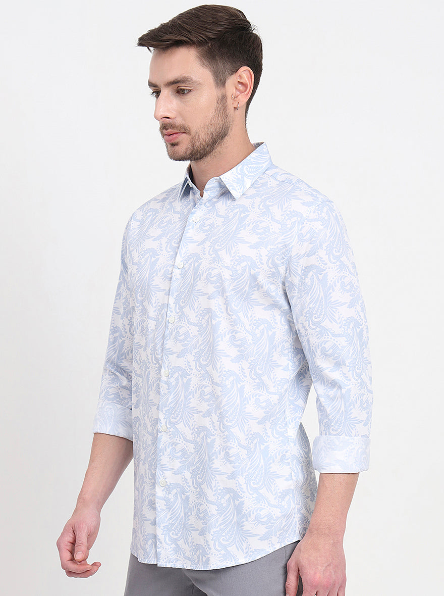 White & Blue Printed Slim Fit Casual Shirt | JadeBlue