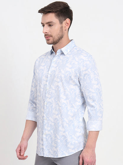 White & Blue Printed Slim Fit Casual Shirt | JadeBlue