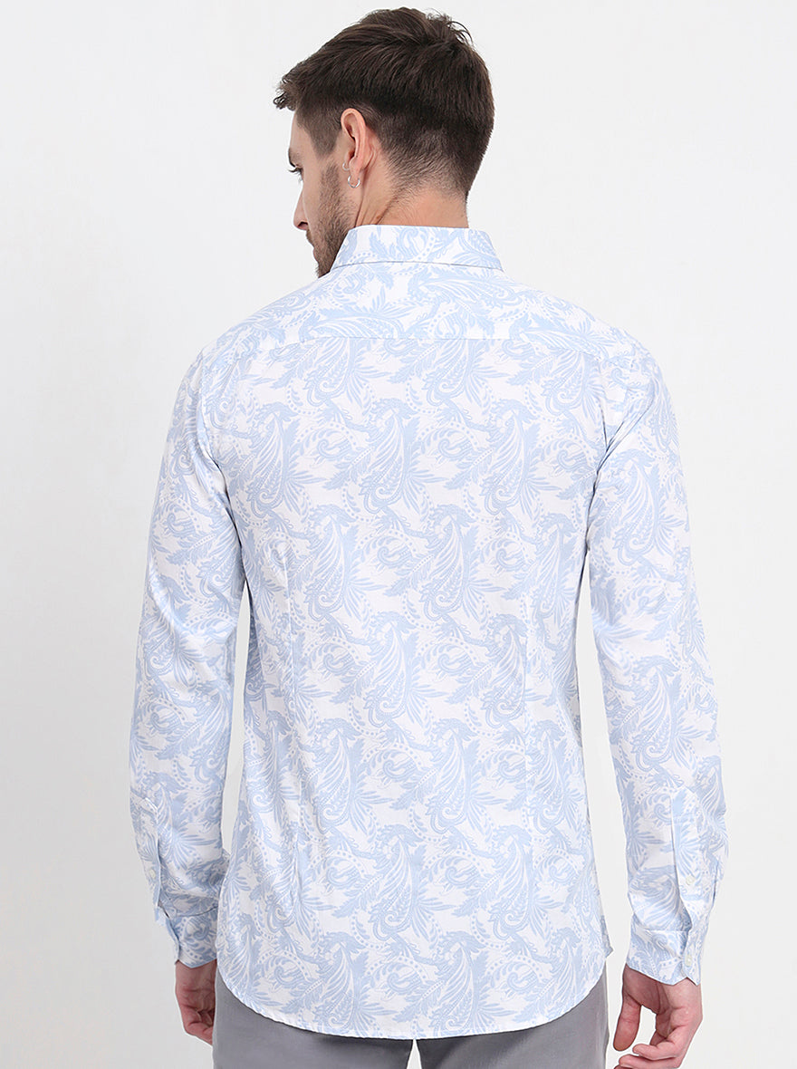 White & Blue Printed Slim Fit Casual Shirt | JadeBlue