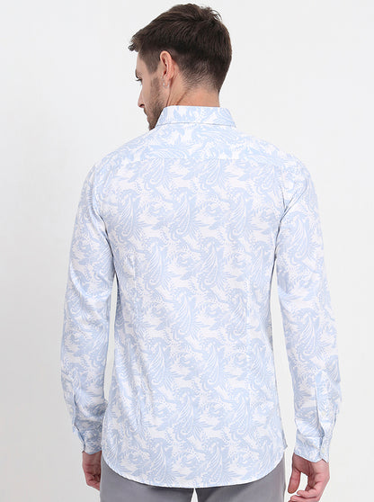 White & Blue Printed Slim Fit Casual Shirt | JadeBlue