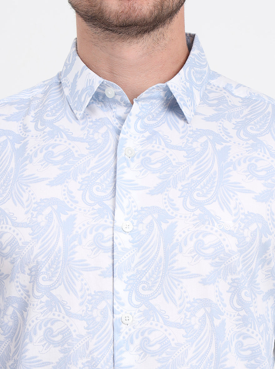 White & Blue Printed Slim Fit Casual Shirt | JadeBlue