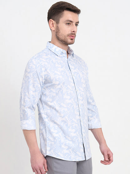 White & Blue Printed Slim Fit Casual Shirt | JadeBlue