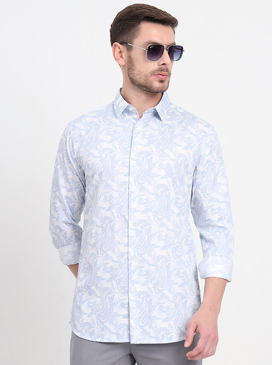 White & Blue Printed Slim Fit Casual Shirt | JadeBlue