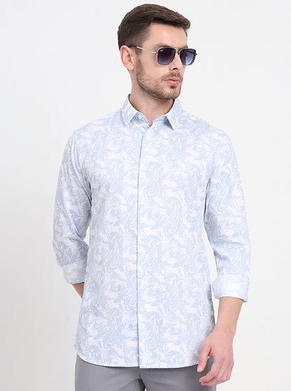 White & Blue Printed Slim Fit Casual Shirt | JadeBlue