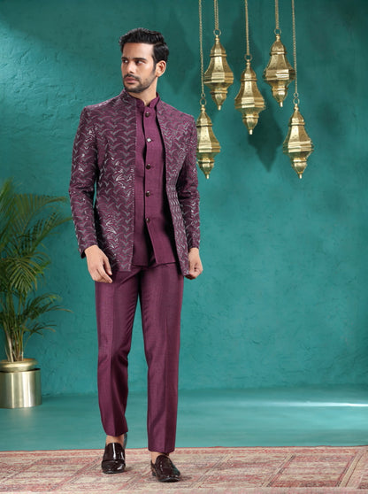 Wine Embroidered Jodhpuri Suit | JadeBlue