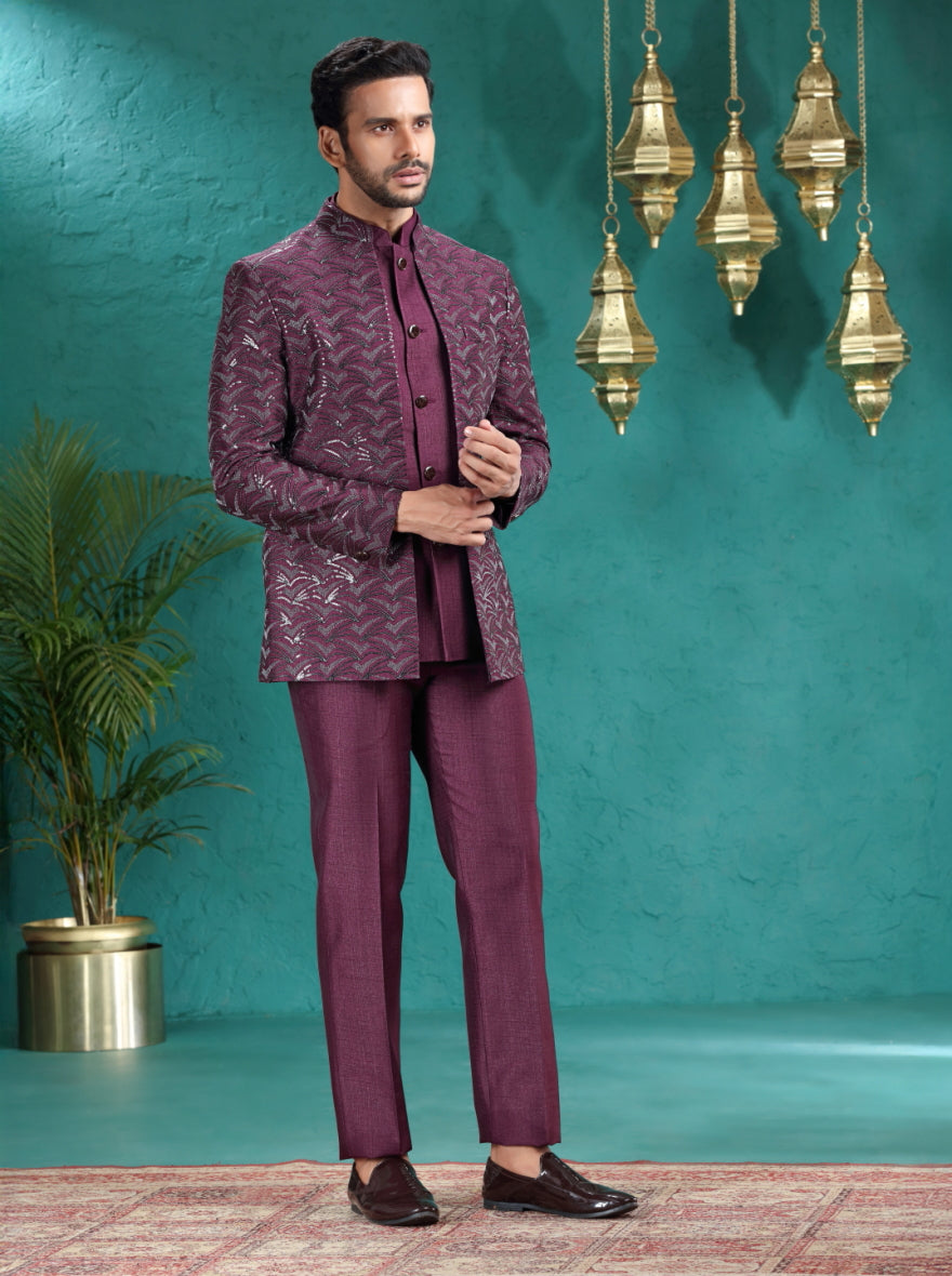 Wine Embroidered Jodhpuri Suit | JadeBlue
