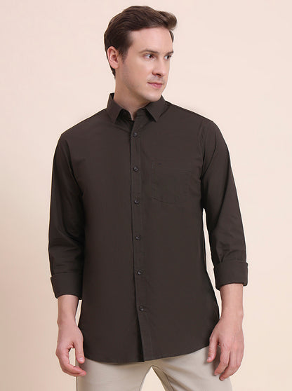 Olive Brown Solid Slim Fit Casual Shirt | JadeBlue