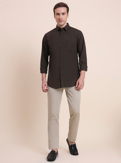 Olive Brown Solid Slim Fit Casual Shirt | JadeBlue