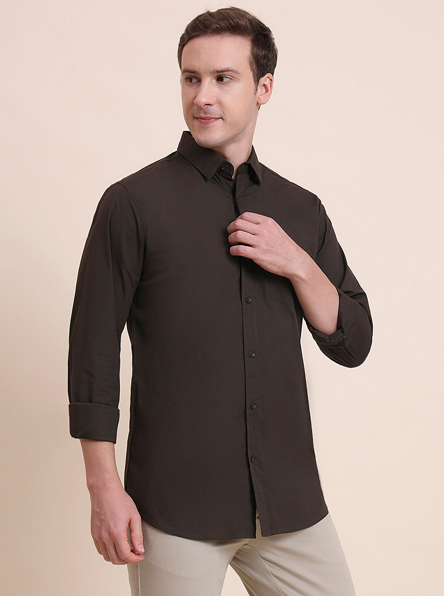 Olive Brown Solid Slim Fit Casual Shirt | JadeBlue
