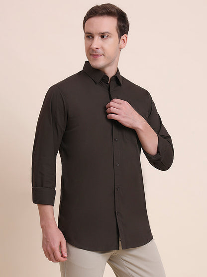 Olive Brown Solid Slim Fit Casual Shirt | JadeBlue