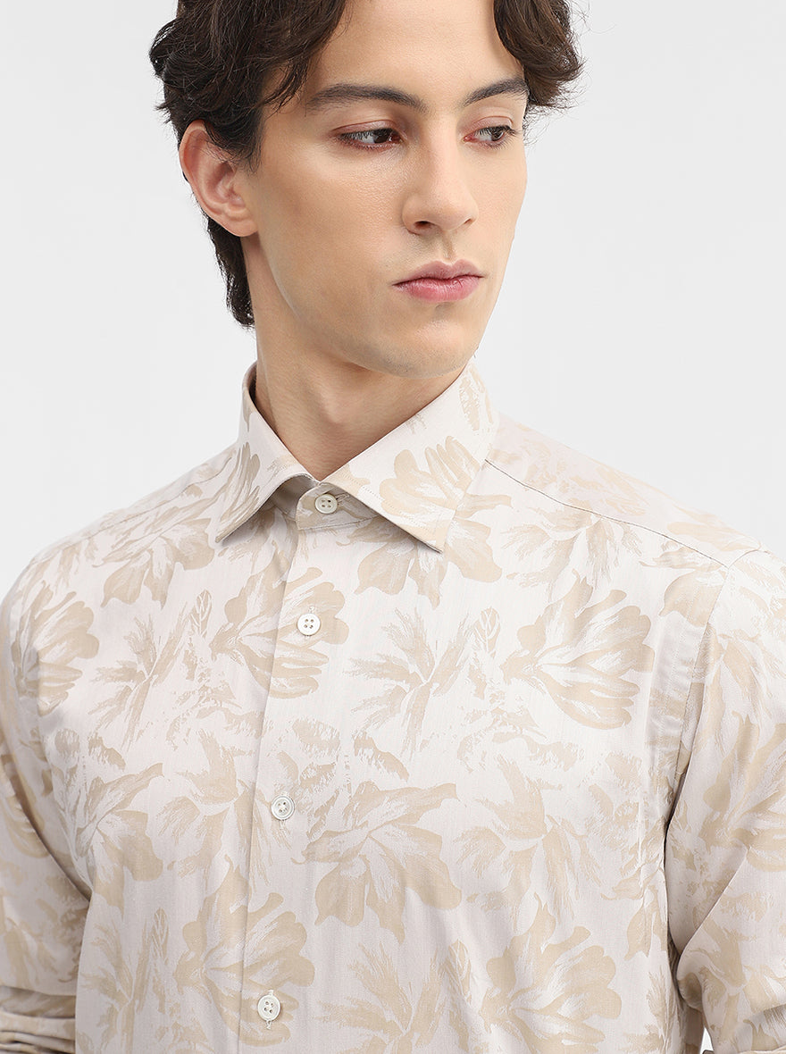 Cream Printed Slim Fit Formal Shirt | JadeBlue Super Luxe