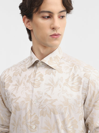 Cream Printed Slim Fit Formal Shirt | JadeBlue Super Luxe