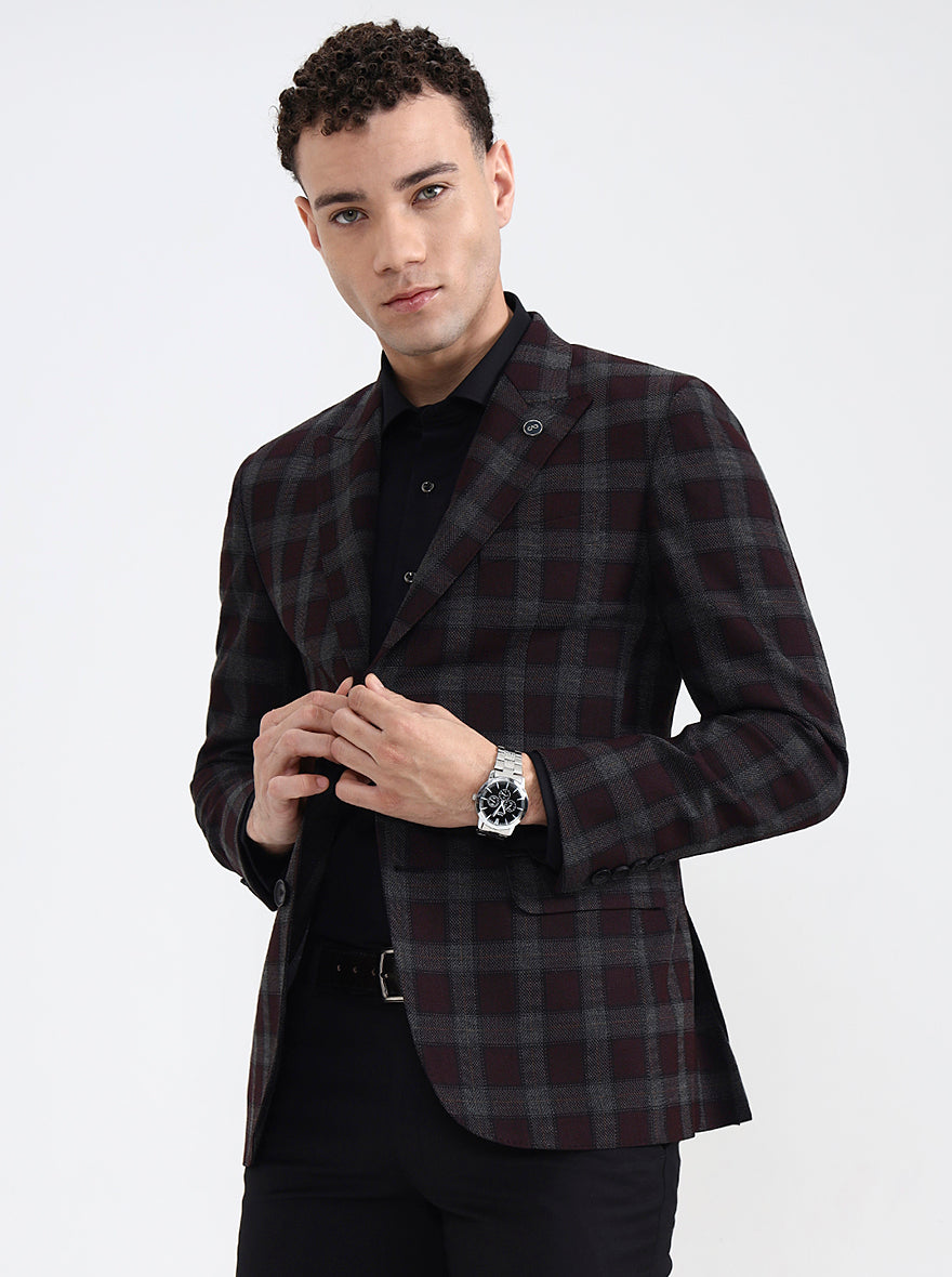 Maroon Checked Regular Fit Blazer | JB X JB