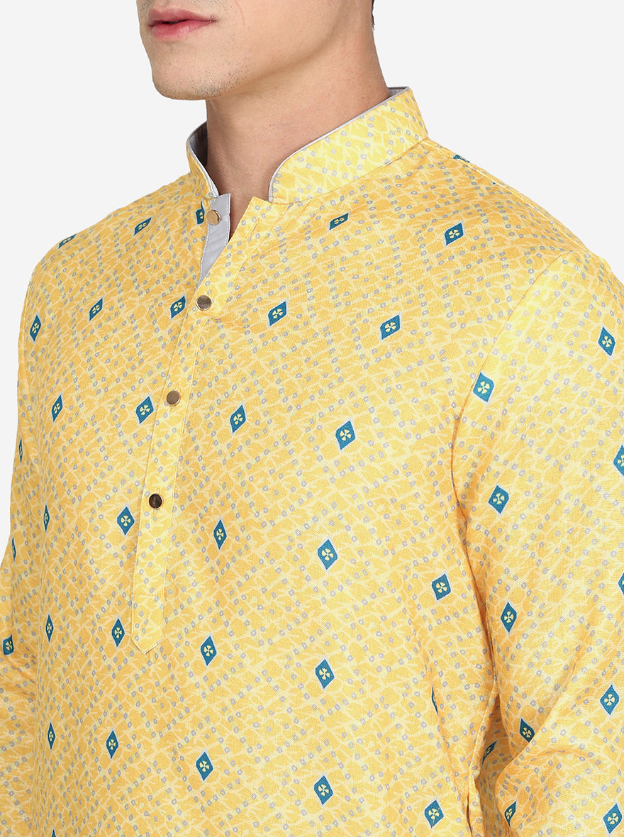 Yellow Printed Cotton Blend Kurta | The Kurta Company
