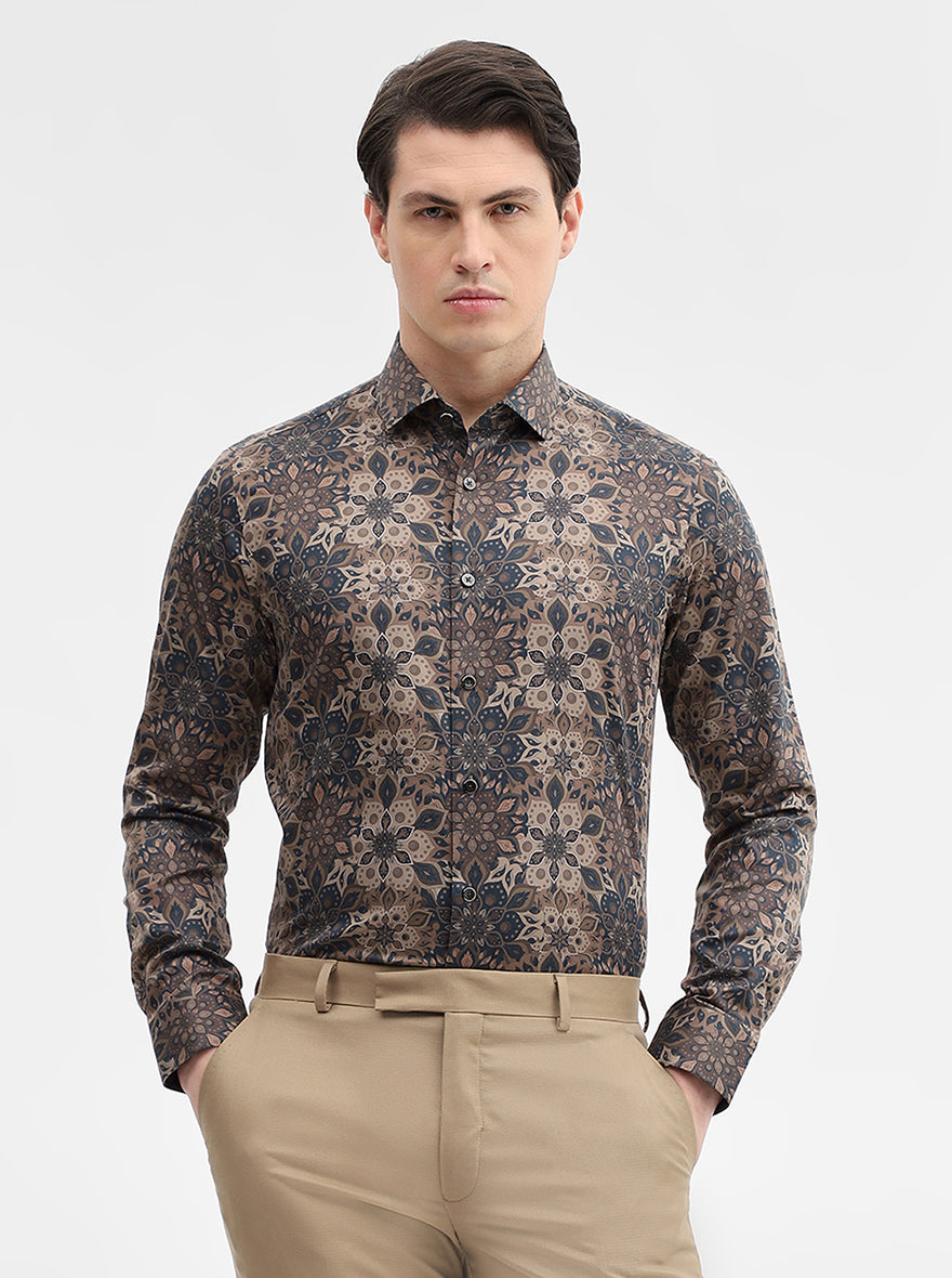 Brown Printed Slim Fit Party Wear Shirt | Wyre
