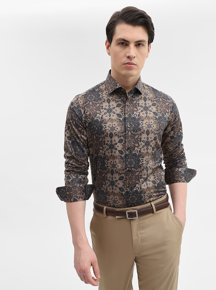 Brown Printed Slim Fit Party Wear Shirt | Wyre