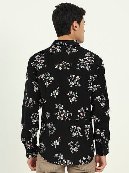 Black Printed Slim Fit Casual Shirt | Greenfibre