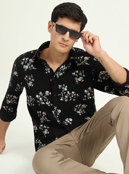 Black Printed Slim Fit Casual Shirt | Greenfibre