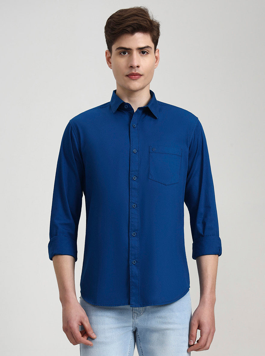 Teal Solid Slim Fit Casual Shirt | Greenfibre