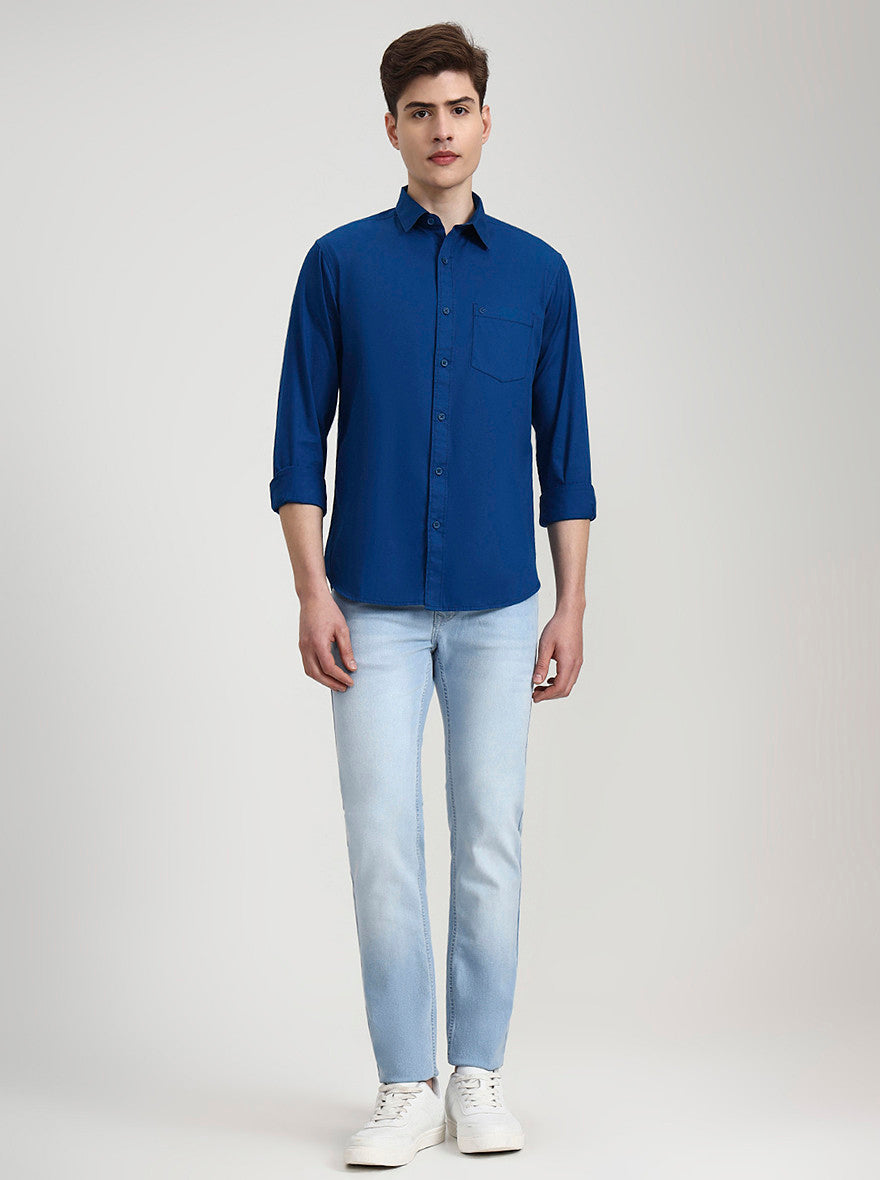 Teal Solid Slim Fit Casual Shirt | Greenfibre
