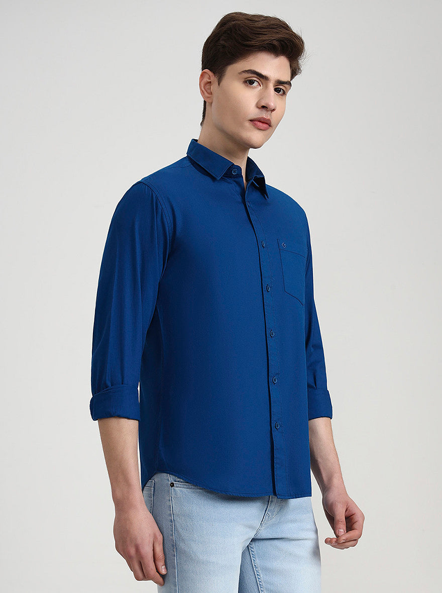 Teal Solid Slim Fit Casual Shirt | Greenfibre