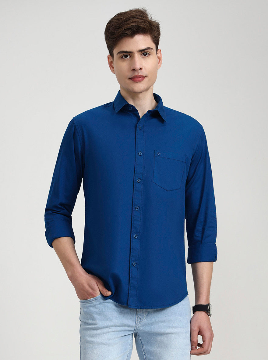 Teal Solid Slim Fit Casual Shirt | Greenfibre