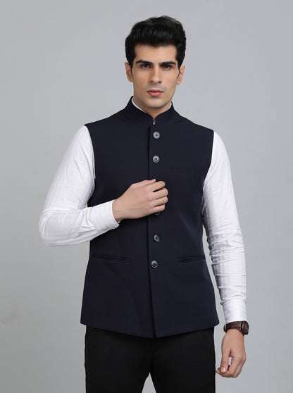 Navy Blue Solid Regular Fit Bandhgala Jacket | Greenfibre