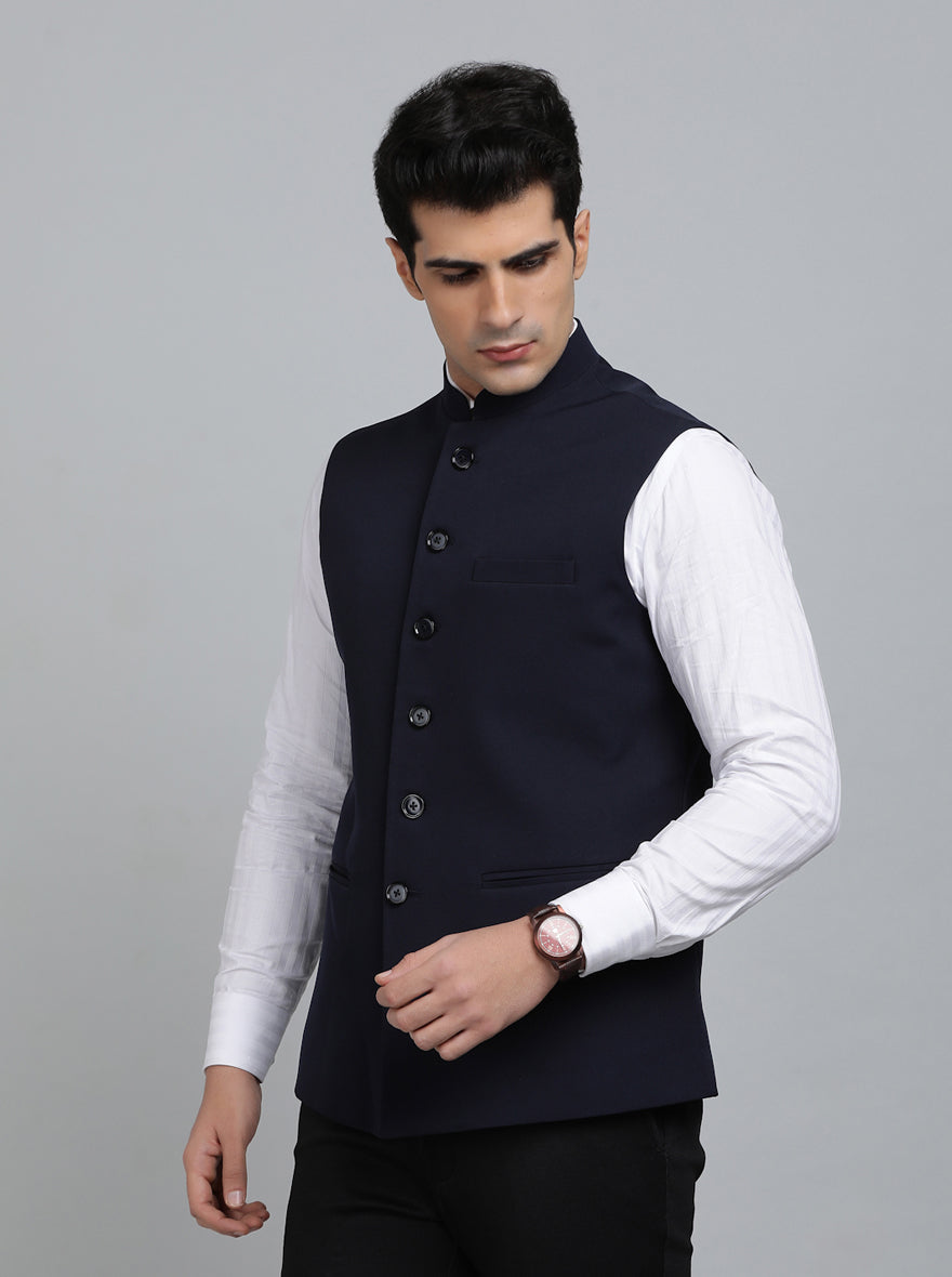 Navy Blue Solid Regular Fit Bandhgala Jacket | Greenfibre