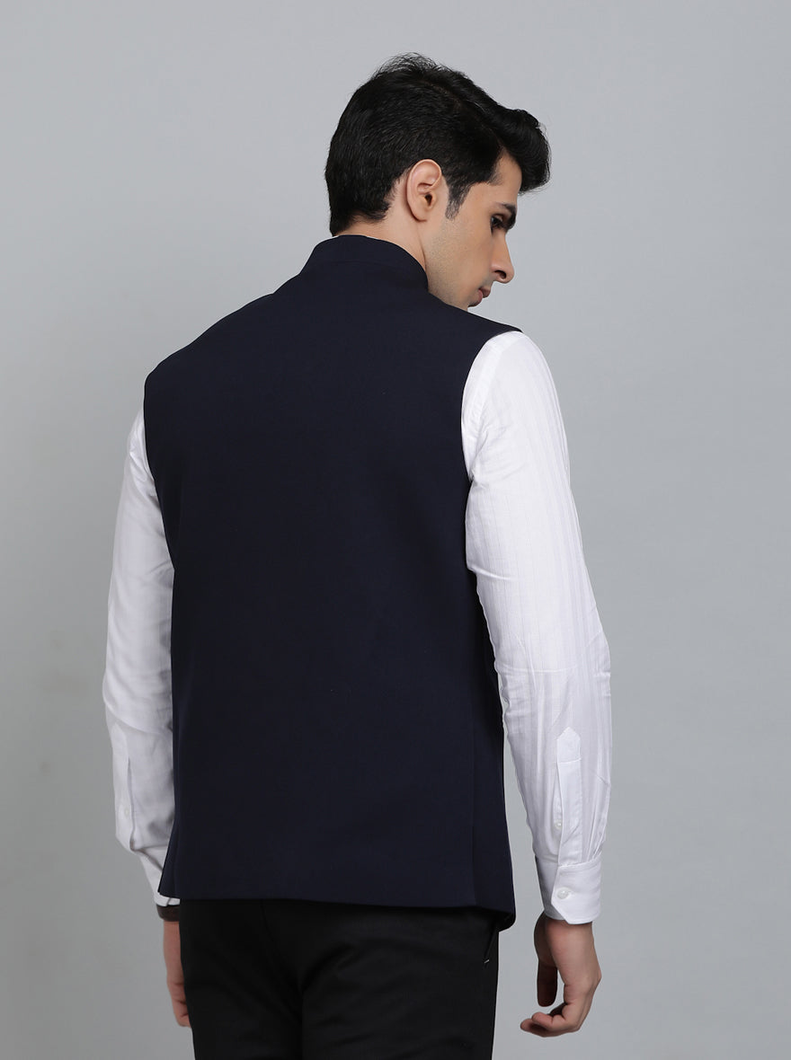 Navy Blue Solid Regular Fit Bandhgala Jacket | Greenfibre