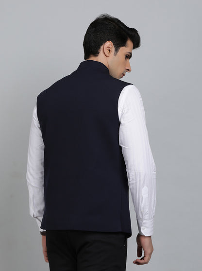 Navy Blue Solid Regular Fit Bandhgala Jacket | Greenfibre