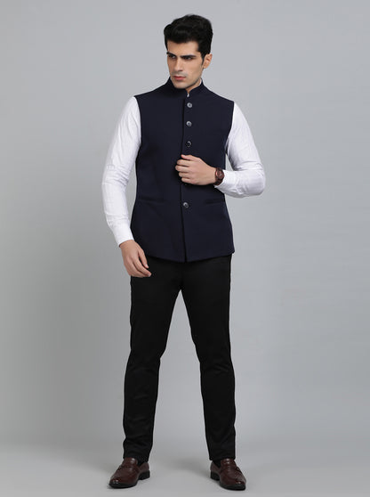 Navy Blue Solid Regular Fit Bandhgala Jacket | Greenfibre