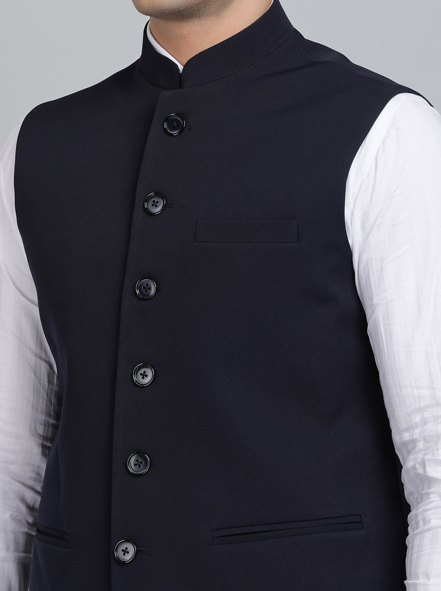 Navy Blue Solid Regular Fit Bandhgala Jacket | Greenfibre